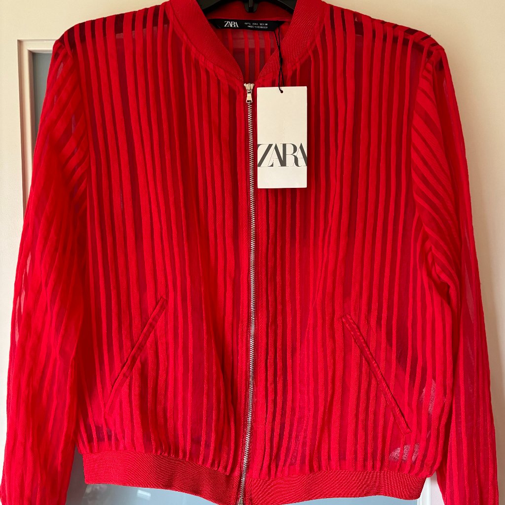 Zara Sheer Red Striped Bomber Jacket W/Zip Sz Lg - Nwt